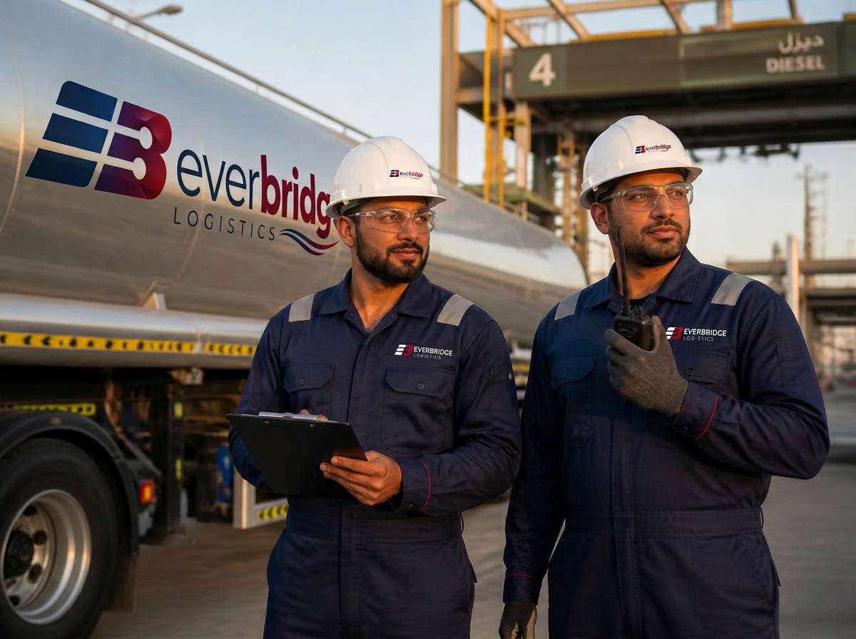Everbridge Logistics crew in branded uniforms beside a fuel tanker at a loading terminal